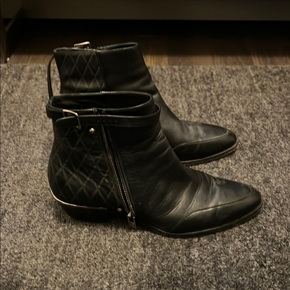 Chloe Black Quilted Leather Ankle Booties with Side Buckle